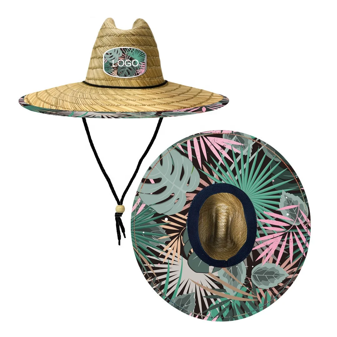 wholesale bottom print wide brim straw beach sun lifeguard weave custom logo hawaiian straw hat