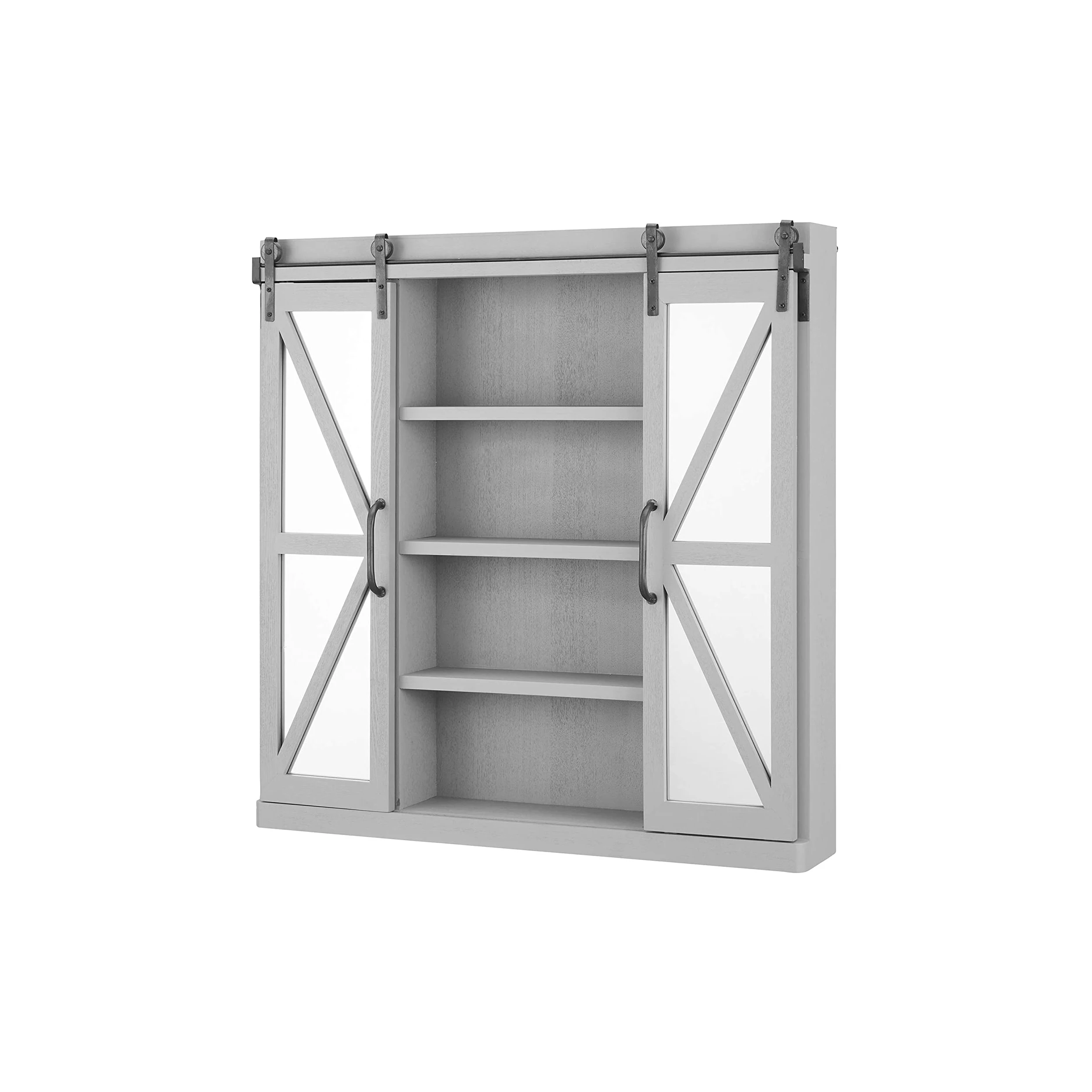 Wood Wall Storage Cabinet with Vanity Mirror And Sliding Barn Door, Rustic Brown Cabinet