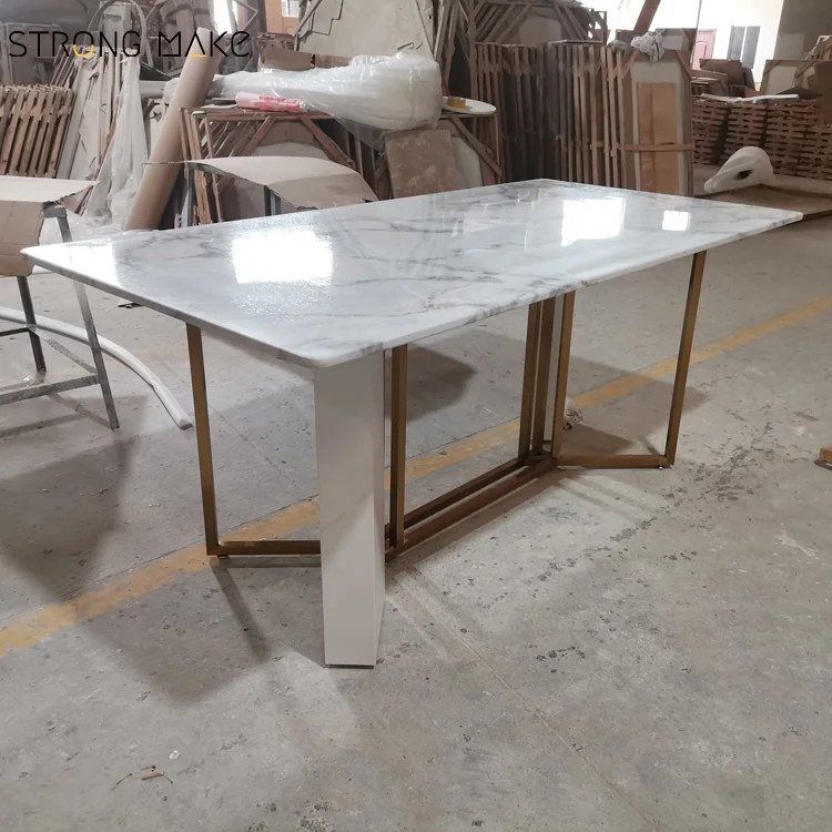 2023 Italian High Quality Simple Modern Gold Base Luxury Dinning Room Table Rectangle Marble Sintered Stone Top Dining Table