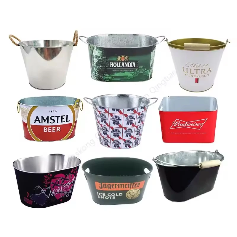 Round square oval 1L 3L 5L 6L 8L 10L 15L 20L 30L custom logo heat transfer silk printing galvanized metal beer ice bucket