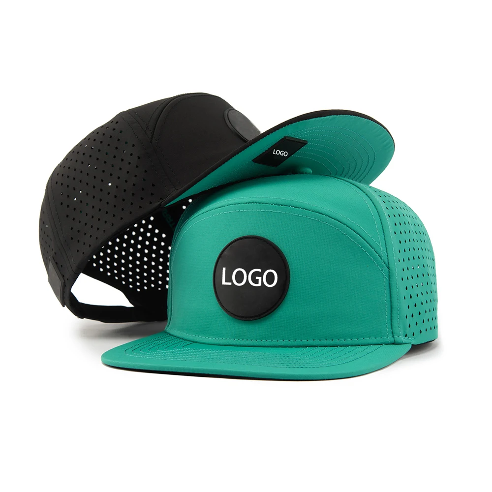 Custom Flat Brim Laser Cut Perforated Water Proof Cap 6 Panel Performance Snapback Hat Rubber Patch Logo Sport Cap Trucker Hat
