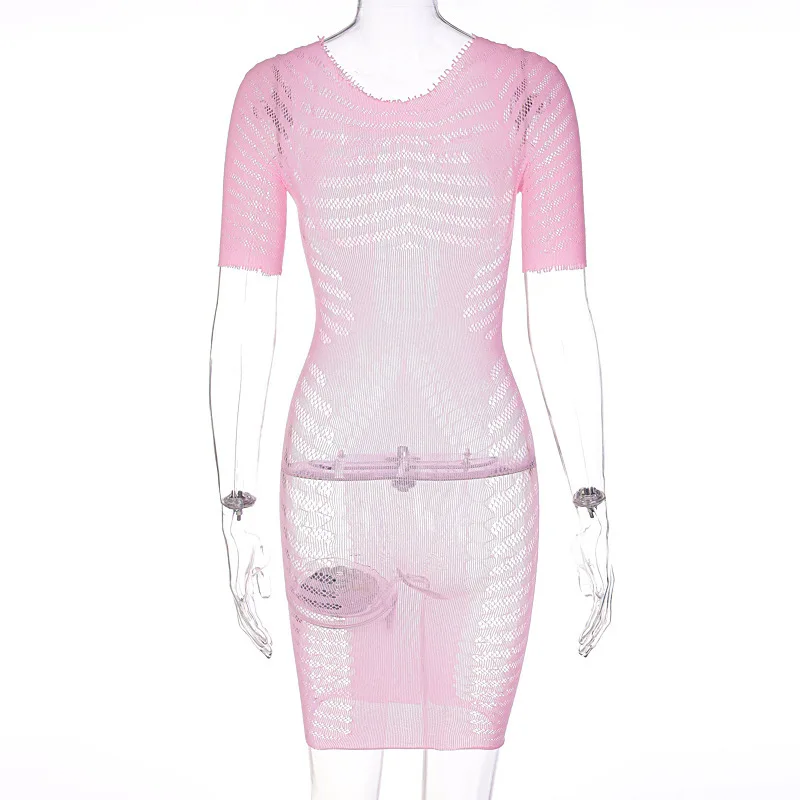 Hole Sexy Bodycon Short Sleeve Mini Dress 2023 Summer Hollow Out Women Clothing Club Party Apparel Girl Fashion