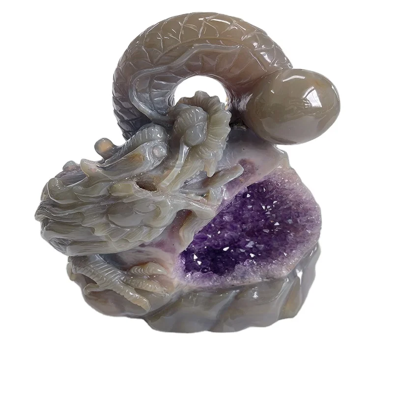 New Design High Quality Natural Amethyst Agate Druzy Crystal Dragon Ball Carving Energy Purple Crystal Geode Dragon , Decoration