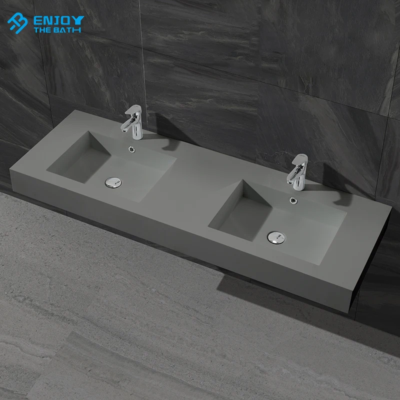 Unique design artificial Solid surface stone black wash basin double bathroom wall hung sink