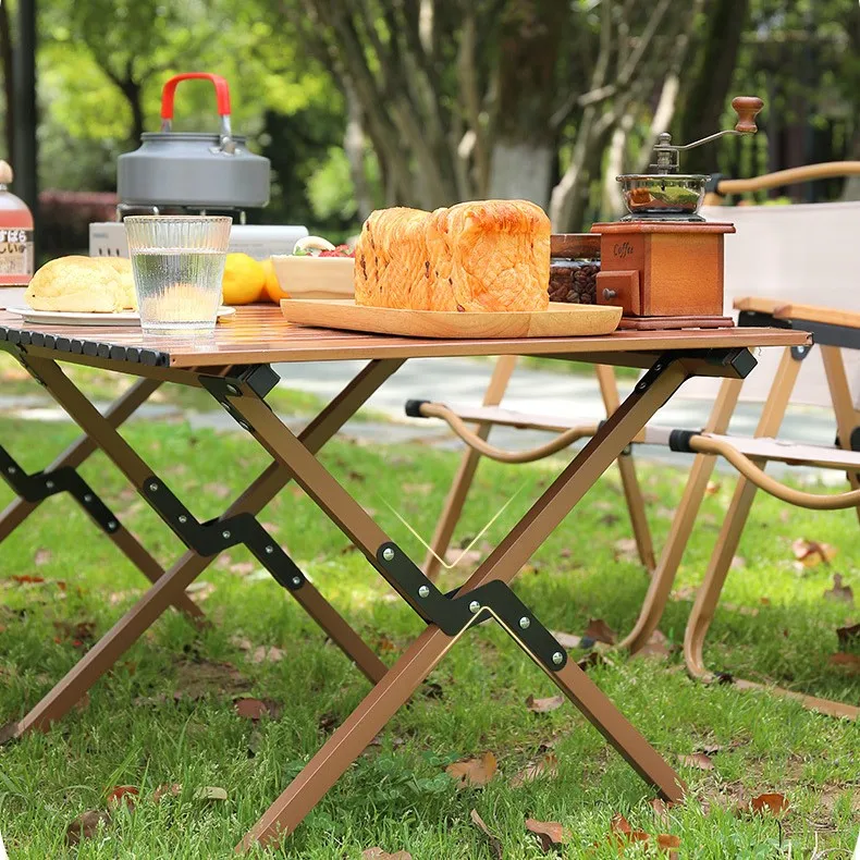 Outdoor Beach Fishing Portable Lightweight Folding Driving Trip  Carbon Steel  Walnut Pattern Egg Roll Table