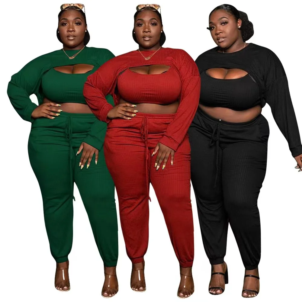 J&H 2022 new trendy 5XL plus size 3 piece suit designs women clothing sexy top and high waist jogger pants fall outfits