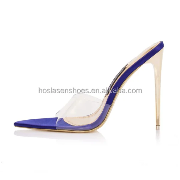 Hoslasen handmade custom gold heel 4.5 inches open pointy toe clear pvc transparent upper women luxury sandal shoes mule pumps