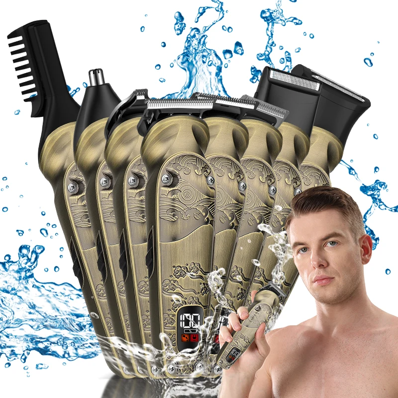 Suttik 708 Metal IPX6 Waterproof 7000RPM Vintage Hair Trimmer Hair Cutting Clipper 8 in 1 Beard Trimmer Kit for Men