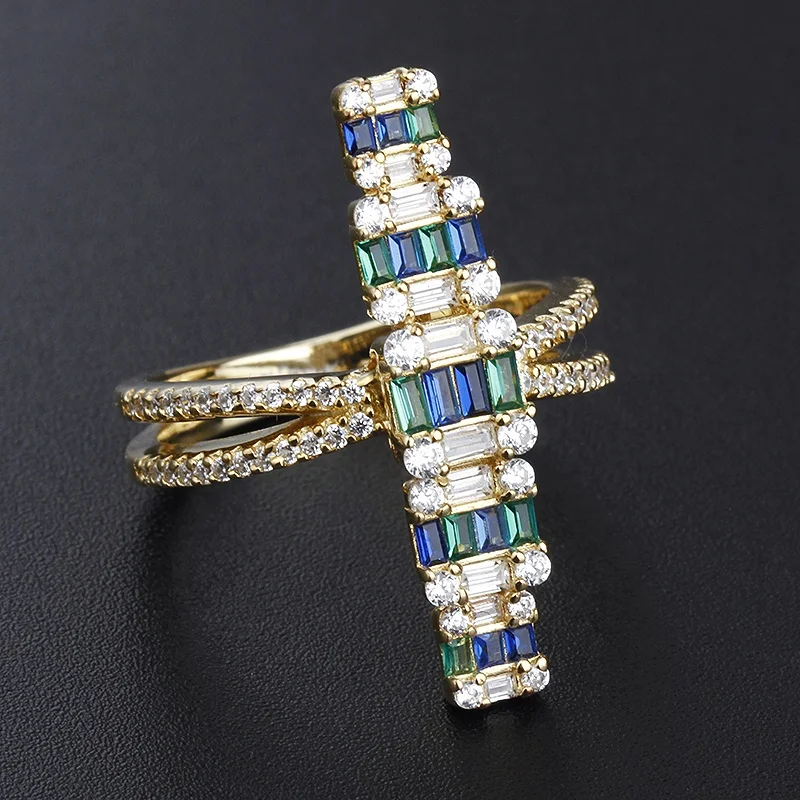 Colorful 925 Sterling Silver Baguette Cubic Zirconia Rings 18k Diamond Ring zircon Iced Out rainbow colour stack ring For Women
