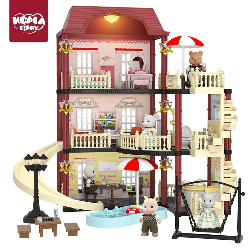 Diy Dollhouse for Girls with Swimming Pool and Slide, Doll House Miniature Furniture Kit, Dollhouse Play Set for Kids