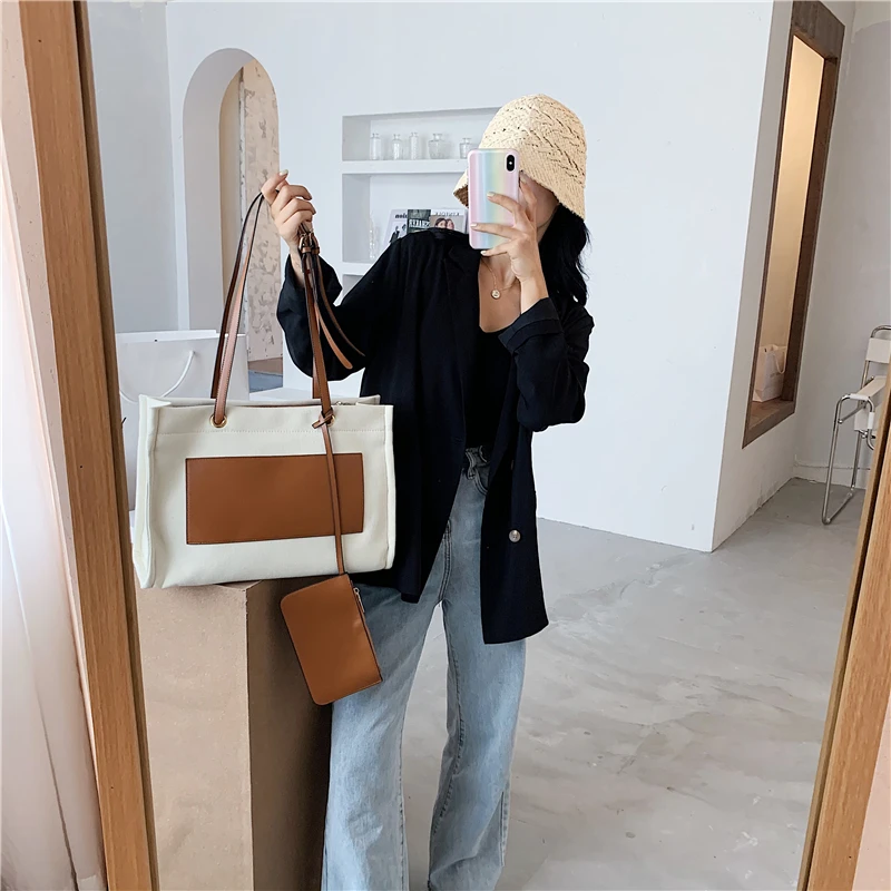 
STABILE new arrive women tote canvas bag high quality tote bag leather handle with PU change pocket 