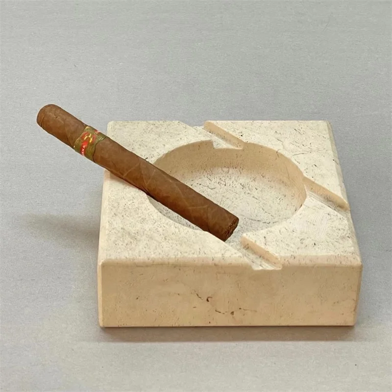 Vintage Beige Travertine Square Marble Stone Cigar Ashtray Honed Surface