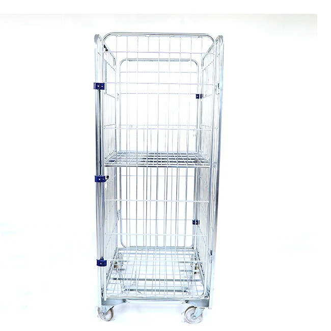 Metal High Capacity Galvanized Stackable Foldable Warehouse Collapsible 4 Sides Roll Cage Trolley