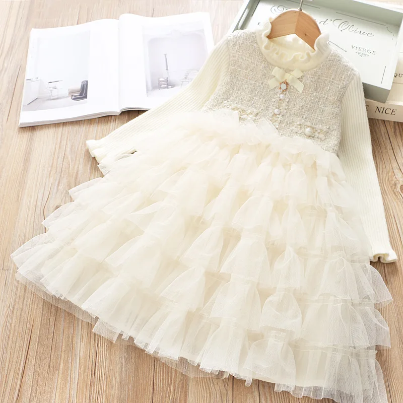 Sweet girl cake dress autumn new girl layered mesh yarn stitching dress