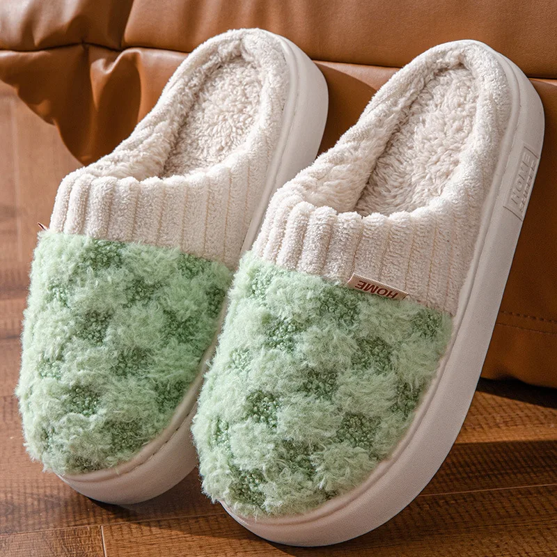 Plaid Pattern Comfortable Closed Toe Soft Plush Home Slippers For Men Women