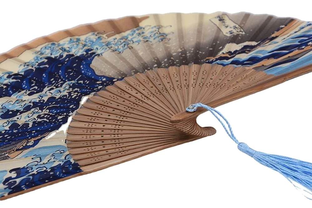 Handmade Landscape Dancing Cosplay Wedding Party Sea Waves Bamboo Silk Folding Fan For Women Ladys Girls