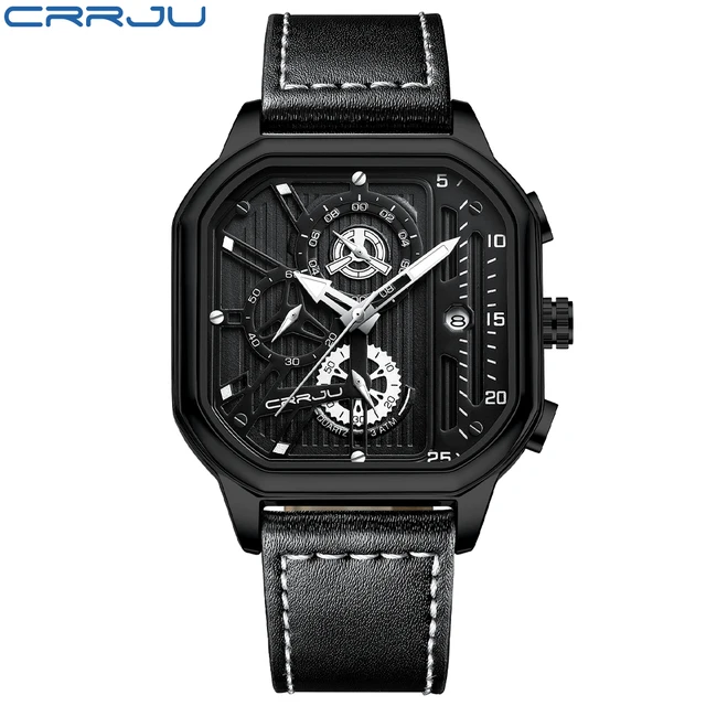 CRRJU Fashion Square Dial Leather Mens Sport Waterproof Chronograph Quartz Watch