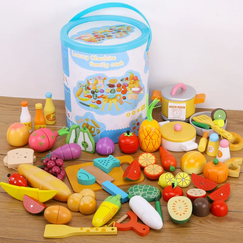 Wooden House Pretend Play Magnetic Cut Fruit and Vegetables Kitchen Set Toys for Children Kids