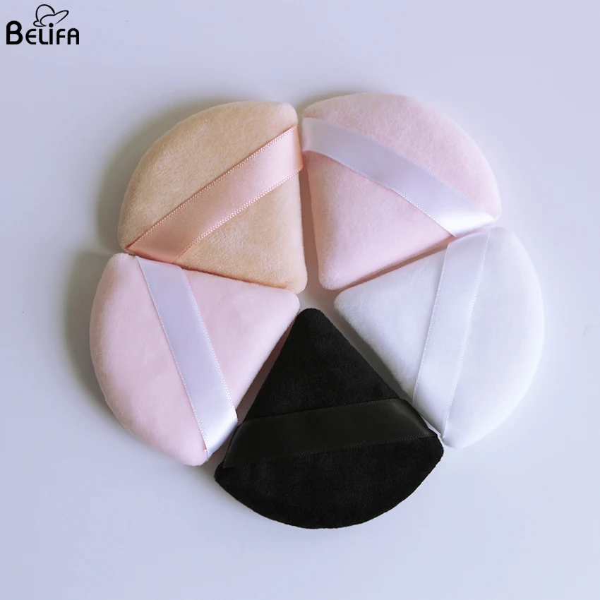 Оптовая продажа, небольшая розовая, белая, черная, треугольная губка для нанесения основы под макияж, хлопковая пуховка, треугольная губка с лентой