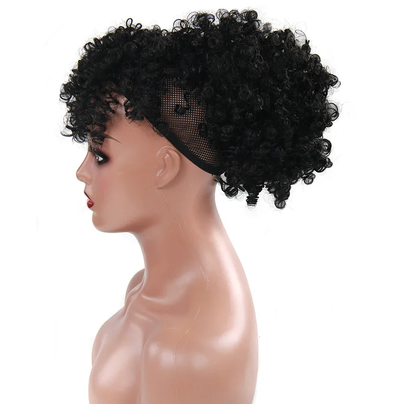 Ponytail And Bangs African Wave Curls Wigs for Black Women Kinky Curly Afro Short Synthetic