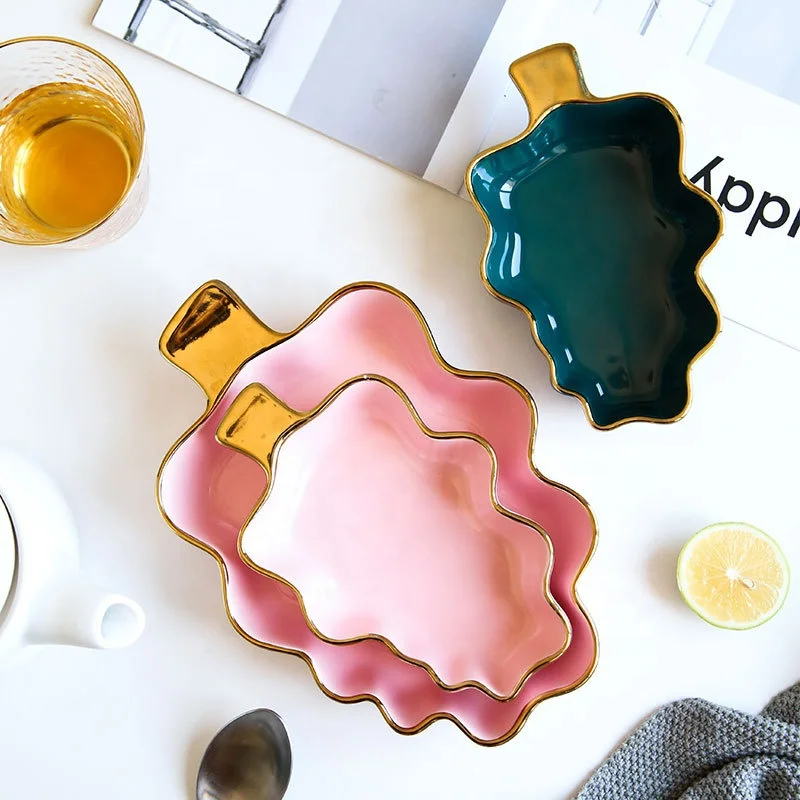 Creative ceramic baking dish INS dish grilled rice with golden rim pizza tree baking dish for Internet celebrities