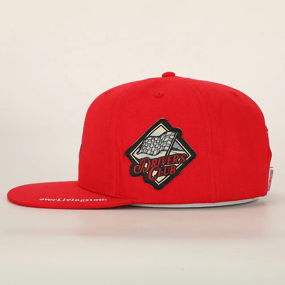 Wholesale Custom Oem 6 Panel Sport Flat Brim Hat High Quality Embroidery Logo Red Cotton Gorras Woven Patch Unisex Snapback Cap