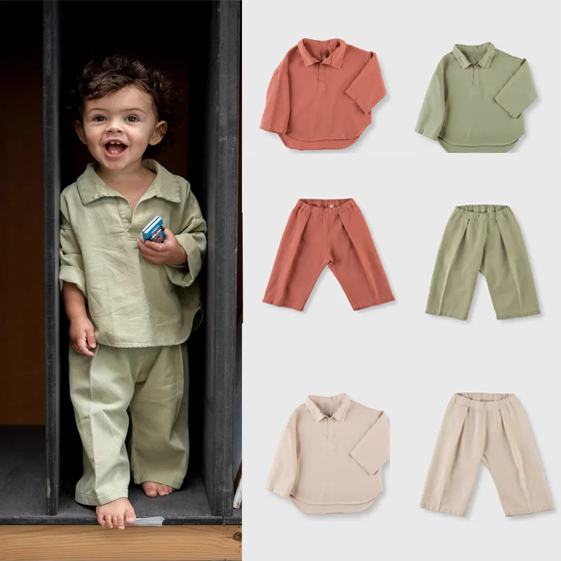 Spring Newborn Plain Cotton Outfit Infant Toddler Boys Girls Clothing Sets Long Sleeve Top Pants Baby Clothes Set