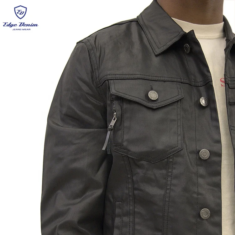 Edge Denim custom black leather wax waxed coat jeans trucker denim men jacket for men