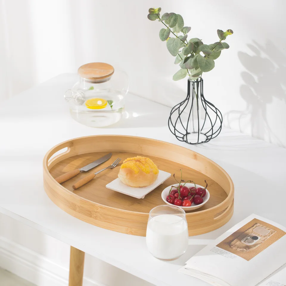 Custom Hotel Restaurant Tray Decoration Oval Shape Tray Bamboo Serving Tray With Handles