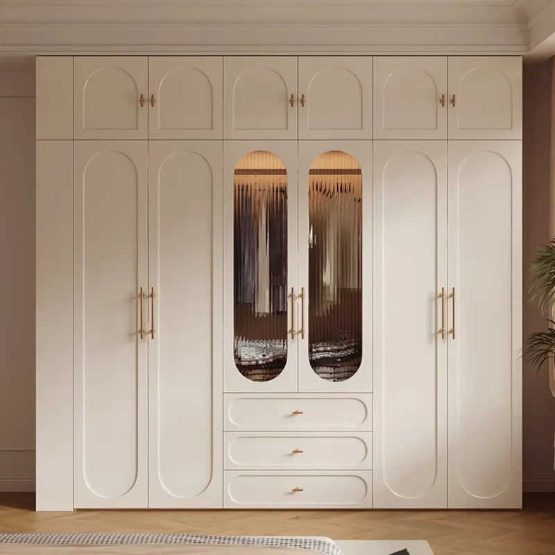Modern Minimalist Large Closet for Bedroom Storage Solution for Home French Style Cream Solid Wood Wardrobe with Side Cabinet