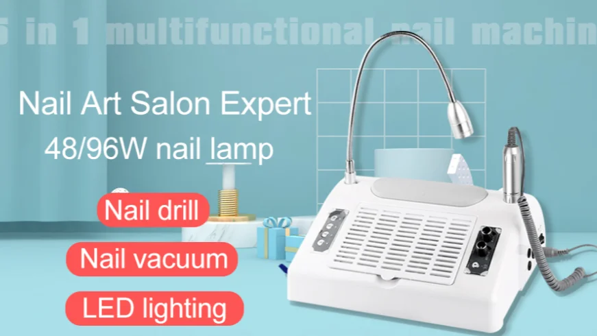 96w Electric 5 in 1 Nail Vacuum Dust Collector Nail Salon Machine Art Lamp Manicure Drill Handpiece