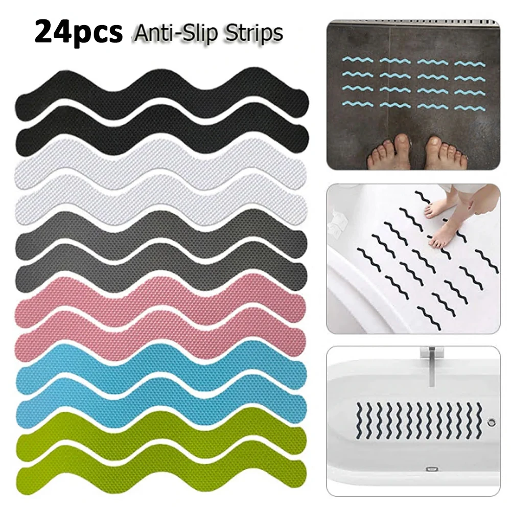 Adhesive Decals with Scraper 24pcs Anti Slip Stickers for Shower Floor Adhesive Bath Treads Safety Bathtub Wave Strips