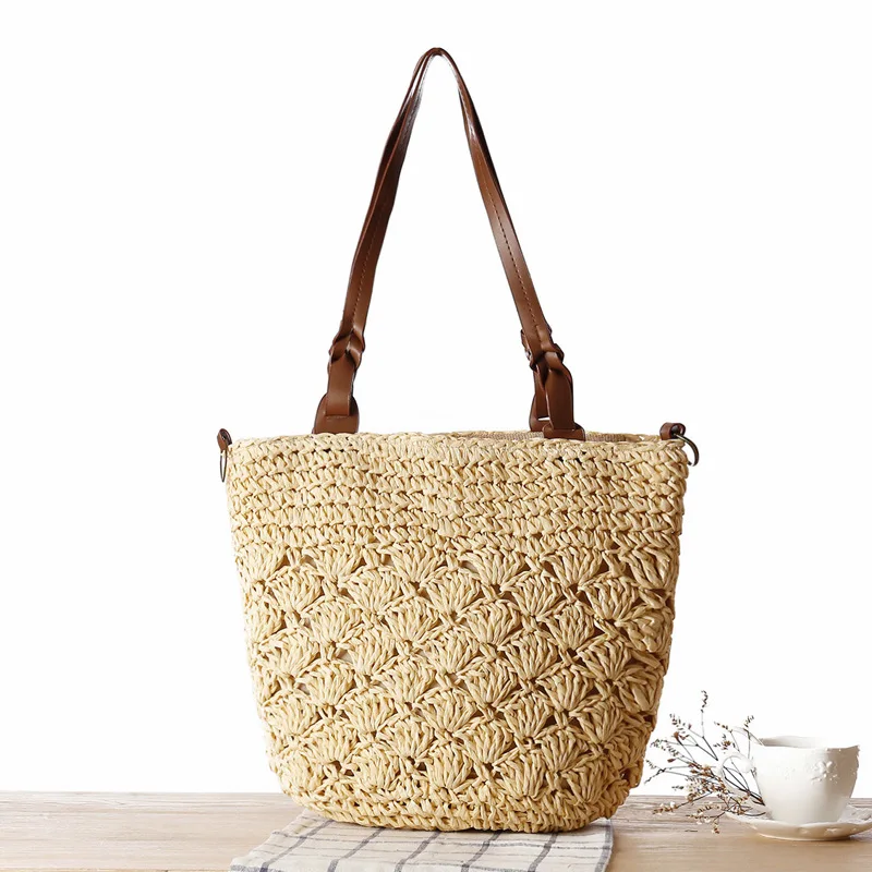 
New Simple And Solid Color Rattan Bag Straw Woven Sen Women Single-Shoulder Beach Tote Bag Dual-Use Hand Woven Straw Bags 