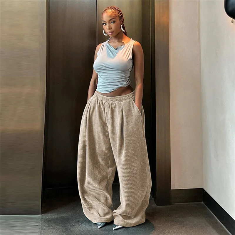 2023 Fashionable Streetwear High Waist Straight Women Pants Casual With Pocket Stretchable Loose Wide Leg Pants Women
