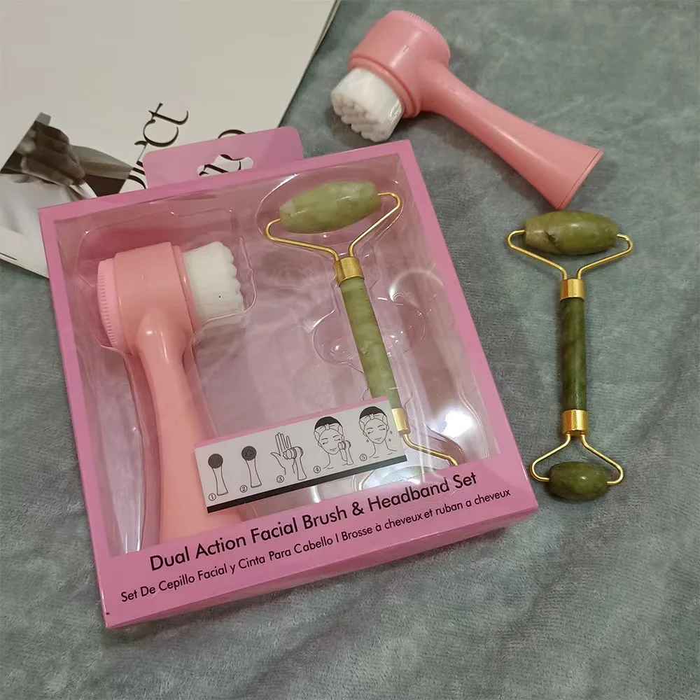 Factory Supply natural jade roller massage roller wholesale face roller brush set rouleau de jade with face brush