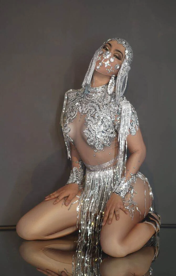 Sexy Bodysuit Sparkly Rhinestones Chains Fringes Outfit Nightclub Party Wear Costume