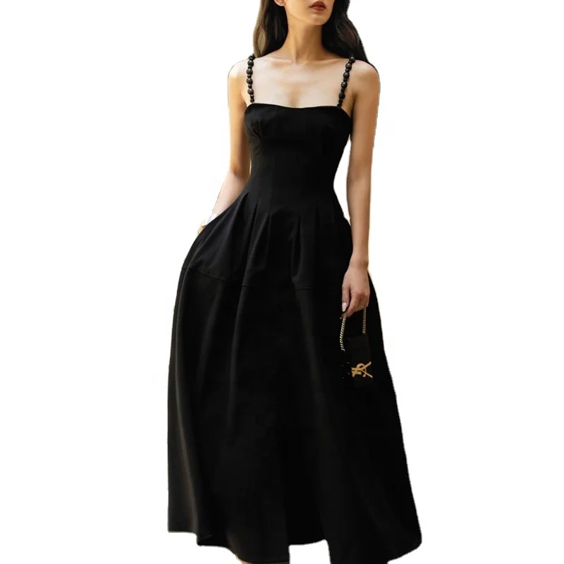 2022 New Light Luxury Dress Design Slim Simple Black Sling Dress Party Evening Dress