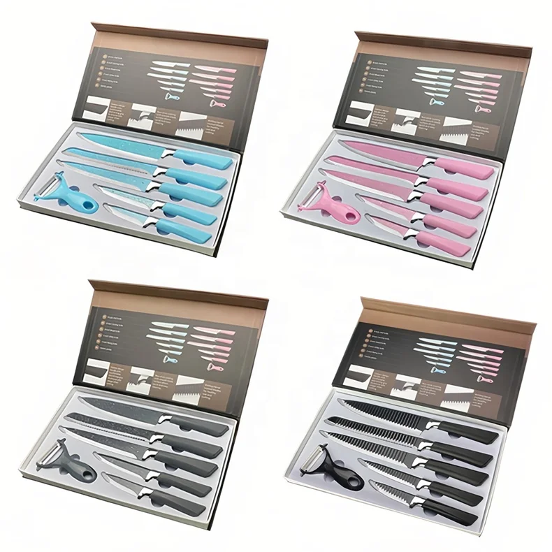 Factory Wholesale 6PCS Stainless Steel Kitchen Knife Set With Holder Non-Stick Coating Chef Knife PP Handle Kitchen Knives