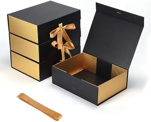 Eco-friendly Custom Recycled Wholesale Plain Square Collapsible Black Magnetic Paper Gift Box With Ribbon
