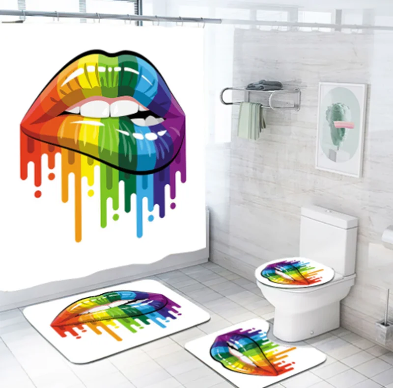 Amazon Hot Selling Four Pieces Polyester Sexy Lips Shower Curtain Set With Floor Mats For Bathroom