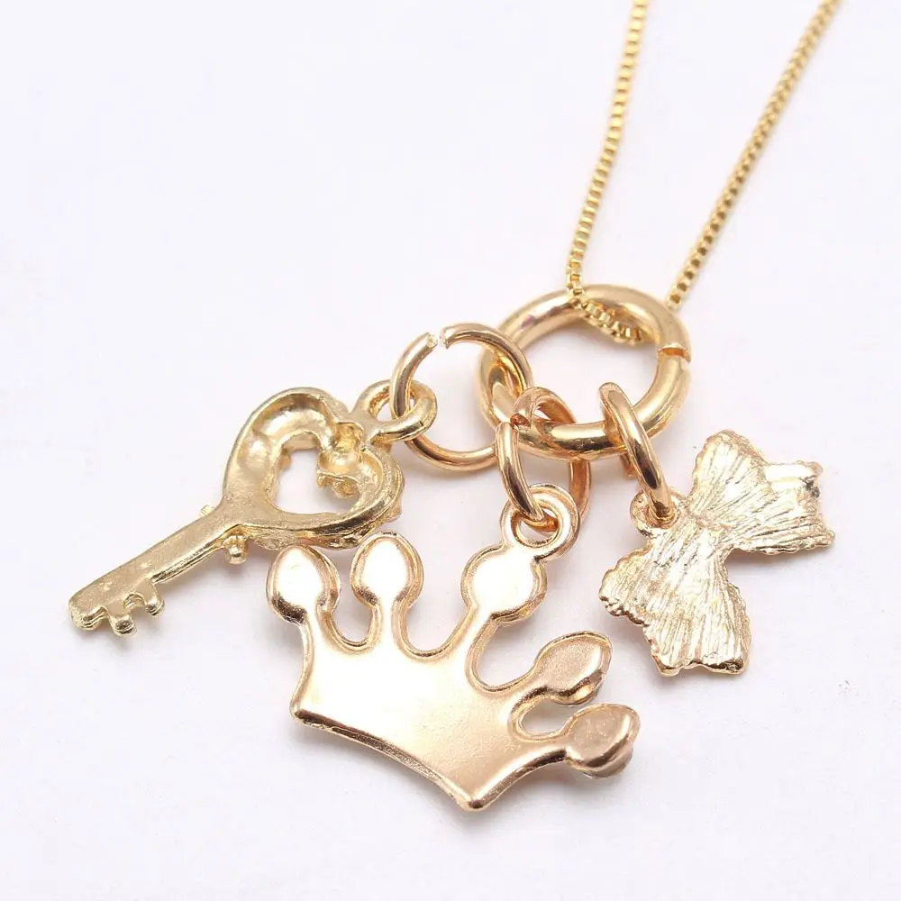 Enamel Box Chain Children Necklace Gold Crown With Rhinestone Pink Key Rosette Bow Pendant Chain Necklace