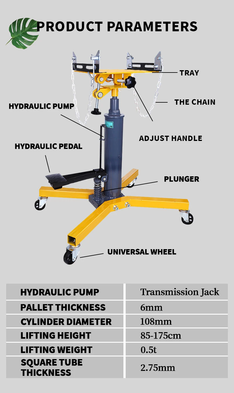 High Lift Telescopic Transmission Jack 0.5Ton Semi Truck Hydraulic Gearbox Transmission Jack With Caster Wheel Safety Chain