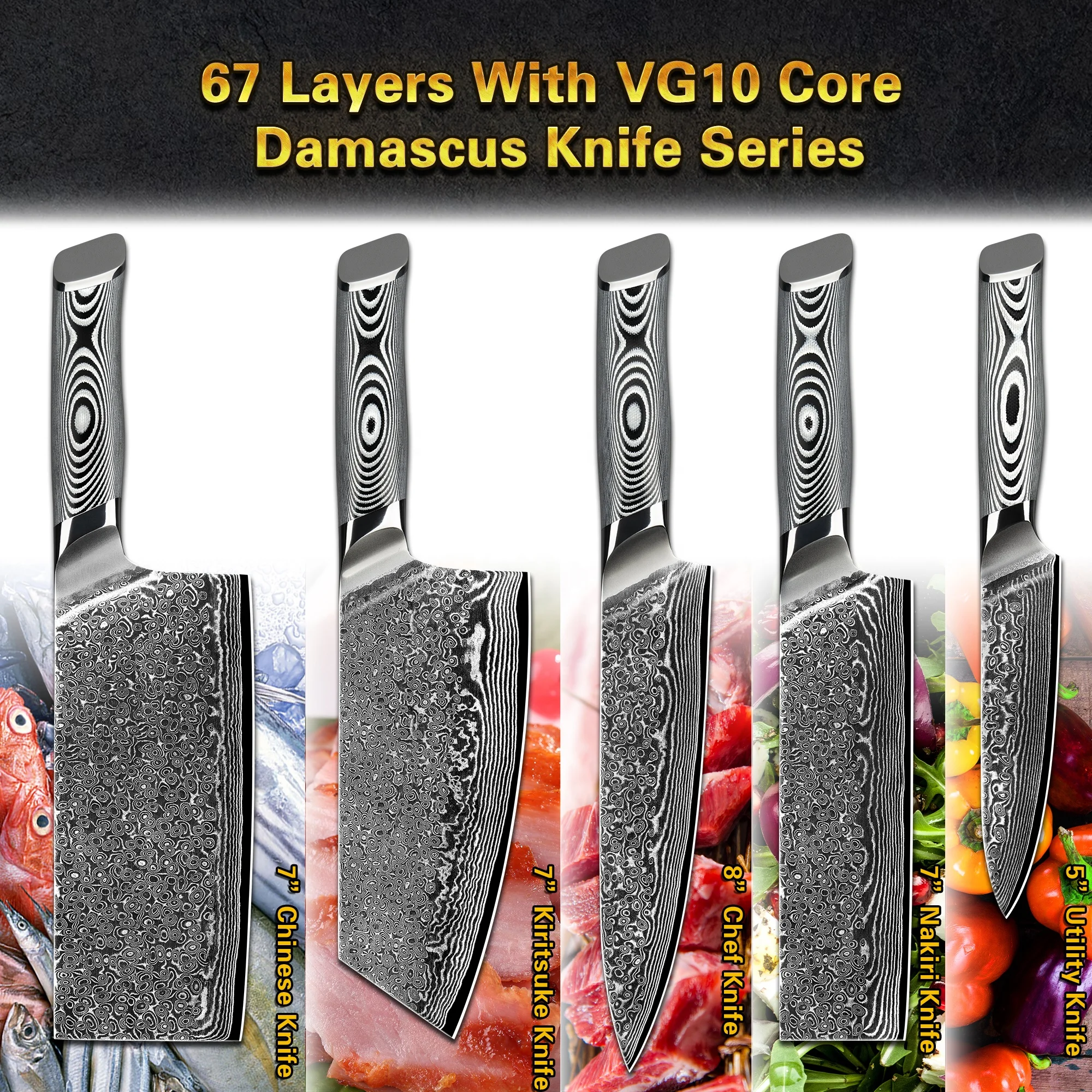 Grey G10 Handle 7 inch 67layers vg10 japanese knives chef damascus steel knifes meat cleaver knife with gift box