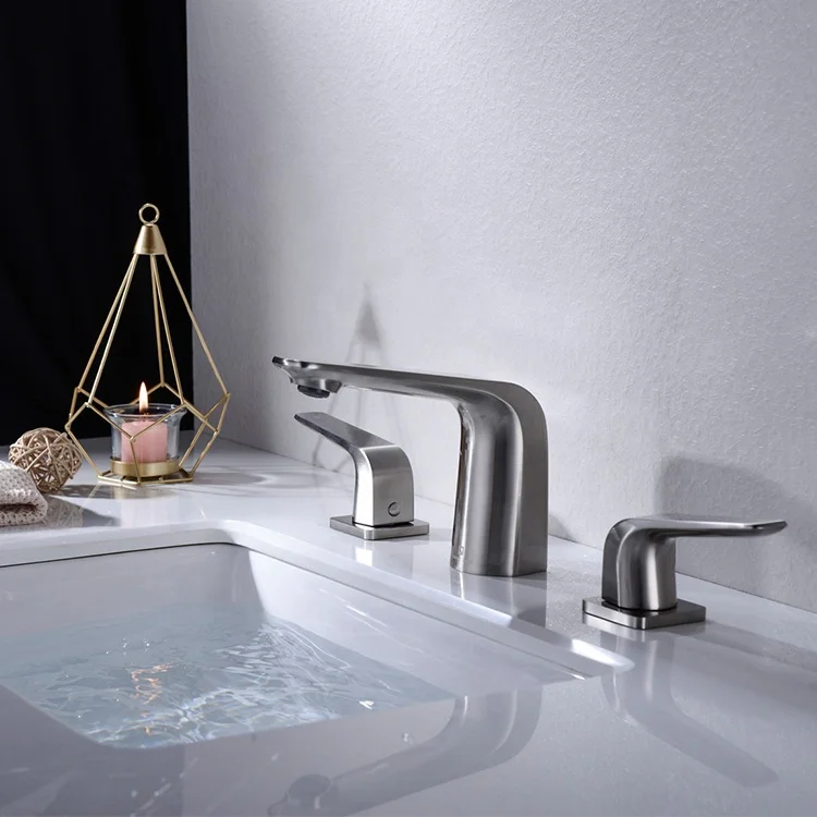 Kaiping Factory Modern Watermark Brushed Nickel Three Holes Deck Mounted Sink Mixer Tap Copper Bathroom Faucet