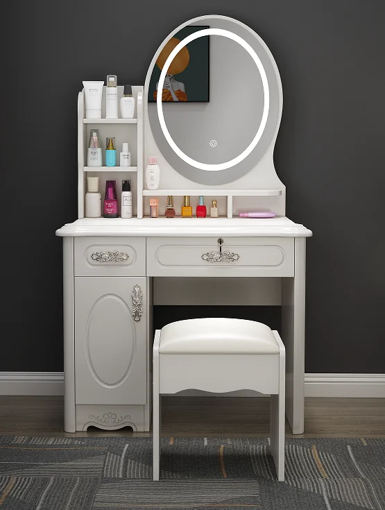 Dressing Table European Small Makeup Table with Oval Mirror and 2 Drawers and Door for Bedroom Dressing Room White