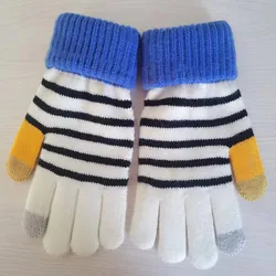 Зимние перчатки мужские и женские двухслойные плотные Полосатые Шерстяные перчатки с ворсом