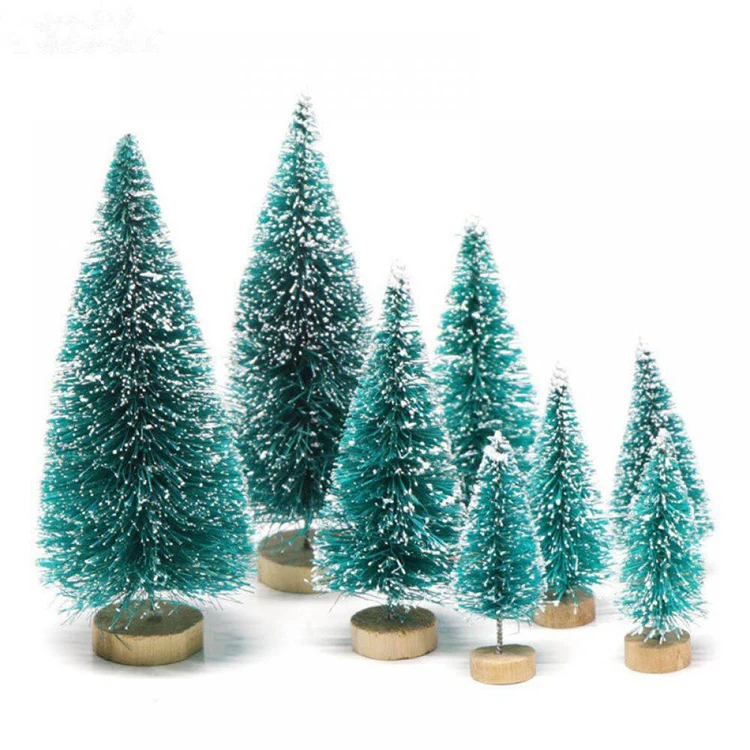 Handmade Winter Snow Ornaments Green Ivory Gold Mini Bottle Brush Christmas Tree Set