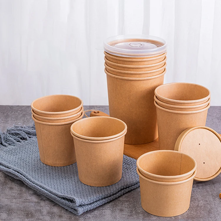 Customized Paper Soup Barrels With Paper Lids Brown Paper Soup Bowl Disposable Takeaway Kraft Soup Cup