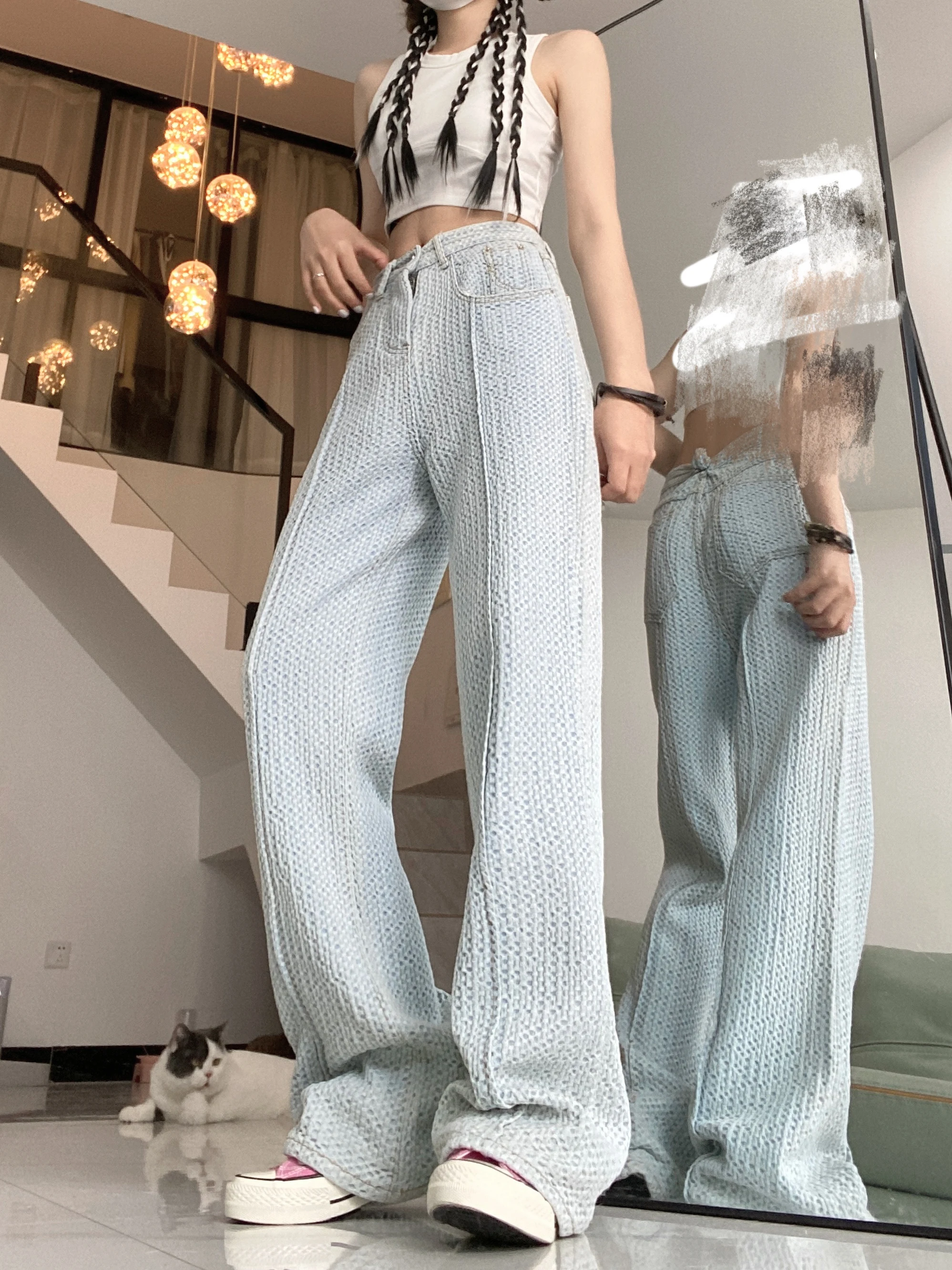 Wholesale of 2023 Spring Blue Straight Tube Loose Texture Jeans with High Waist Thin and Versatile Fashionable Wide Leg Jeans