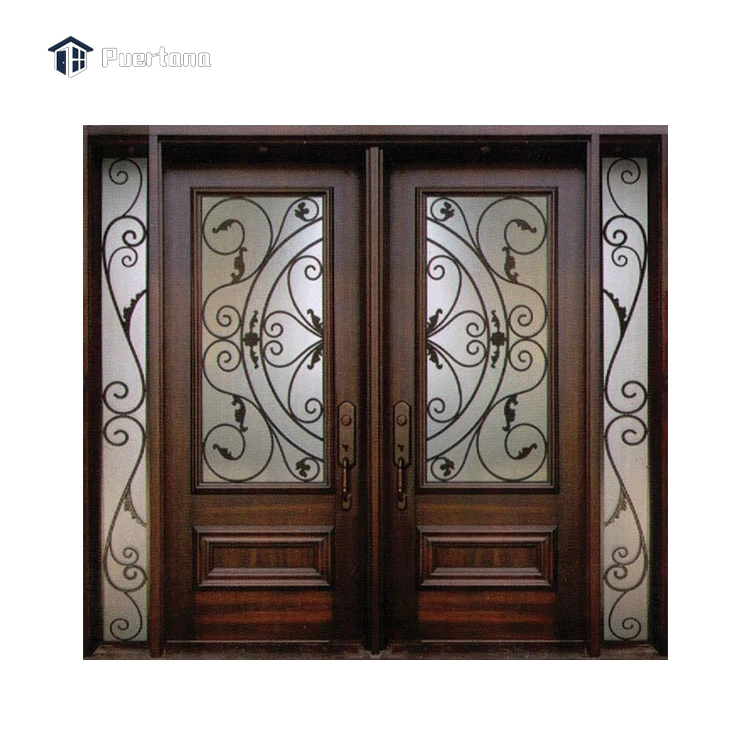 Custom Solid Wood Timber Wrought Iron Door Entry Wooden Door Decorative Cast Iron Grill Design Exterior Front Door